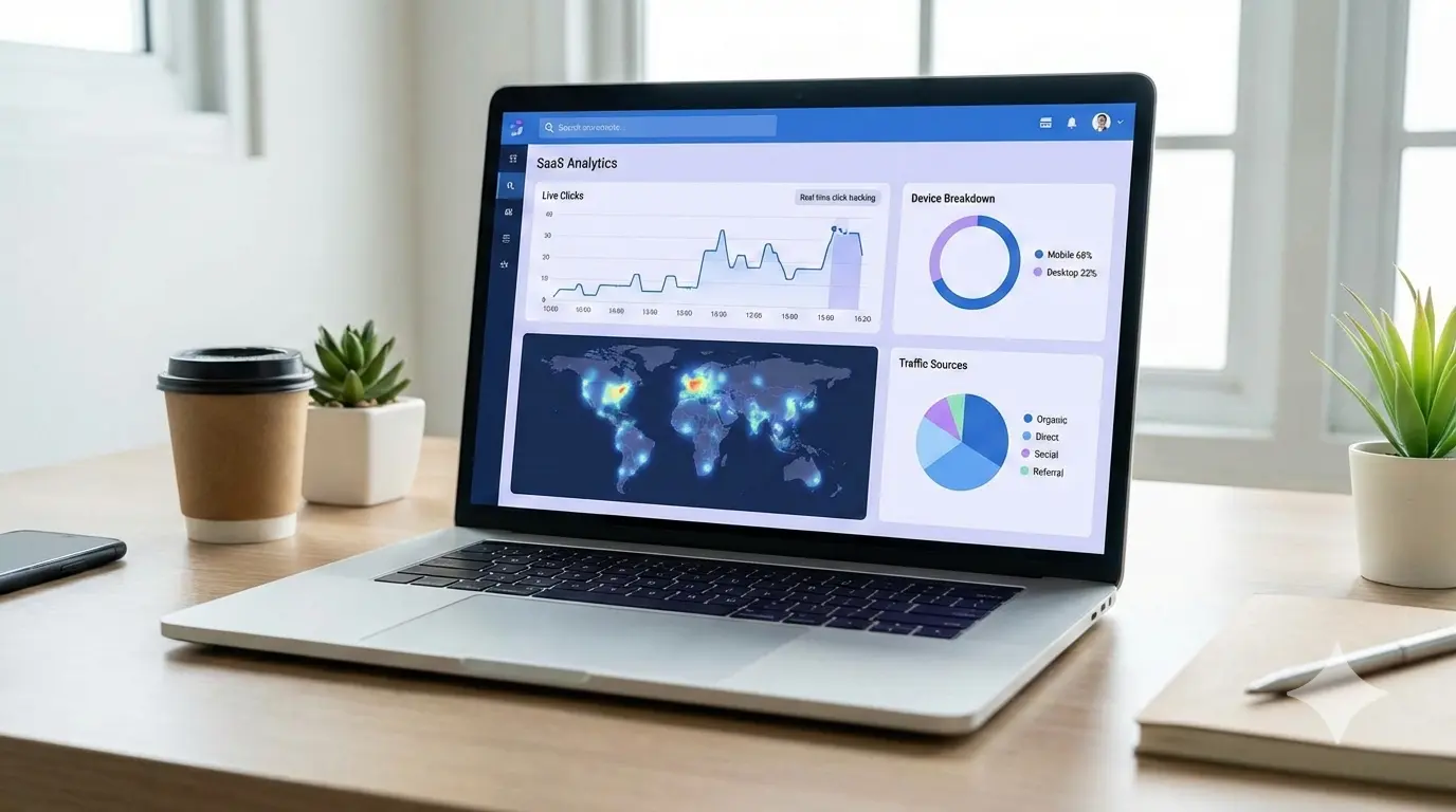 Real-time click tracking dashboard with traffic analytics and device breakdown