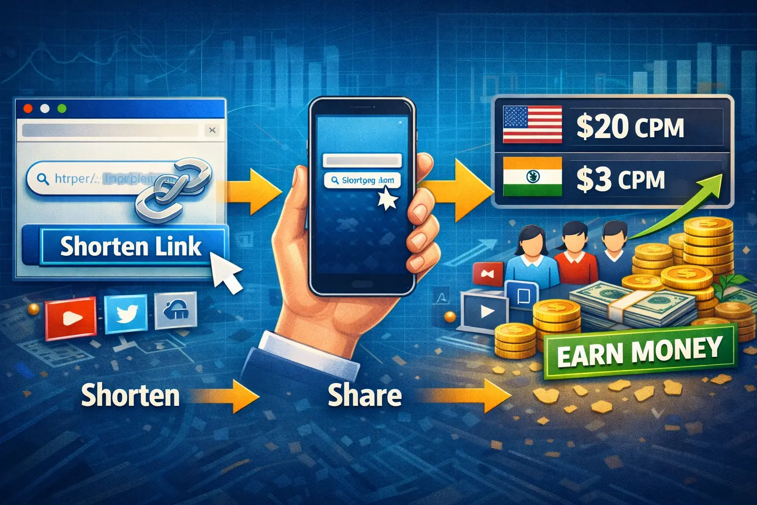 Earn money by shortening links process diagram