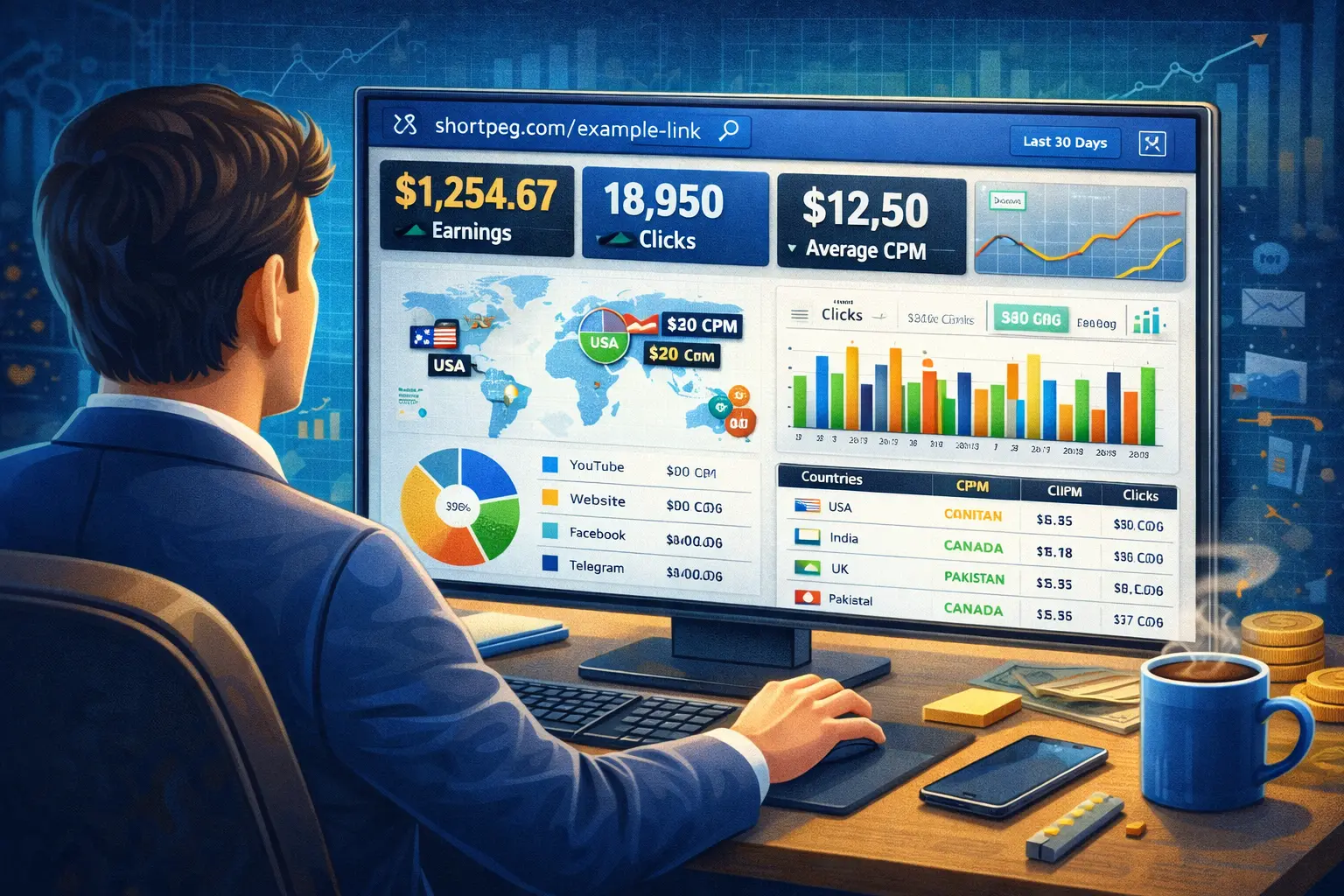 URL shortener analytics dashboard with CPM and country data