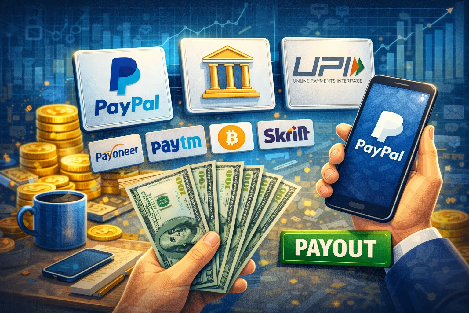 URL shortener payout options including PayPal UPI and bank transfer