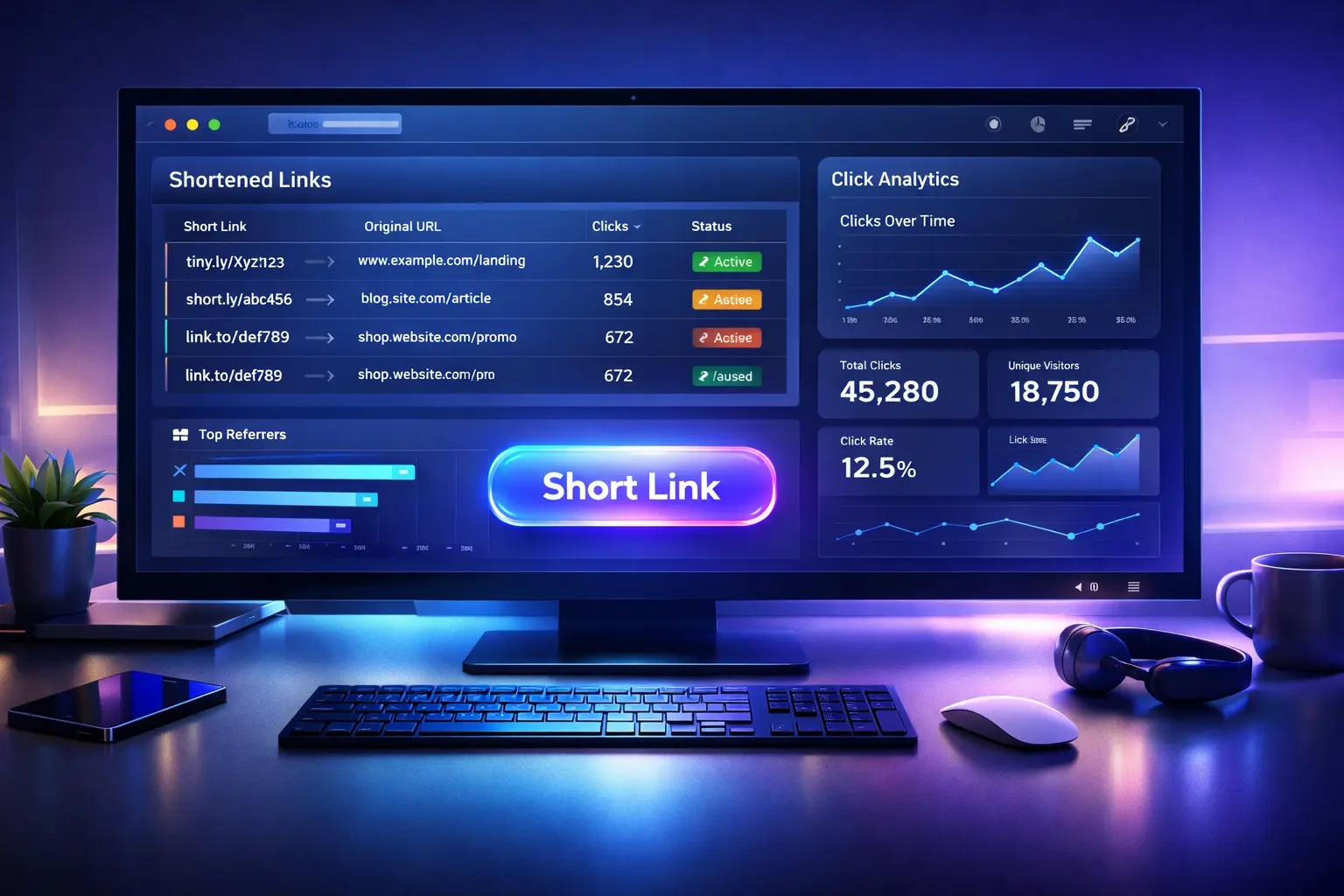 best link shortener tool dashboard showing URL tracking and click analytics