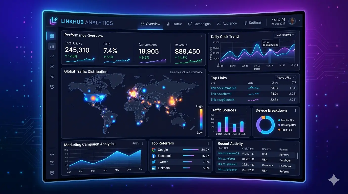link click tracking analytics dashboard showing short URL traffic insights
